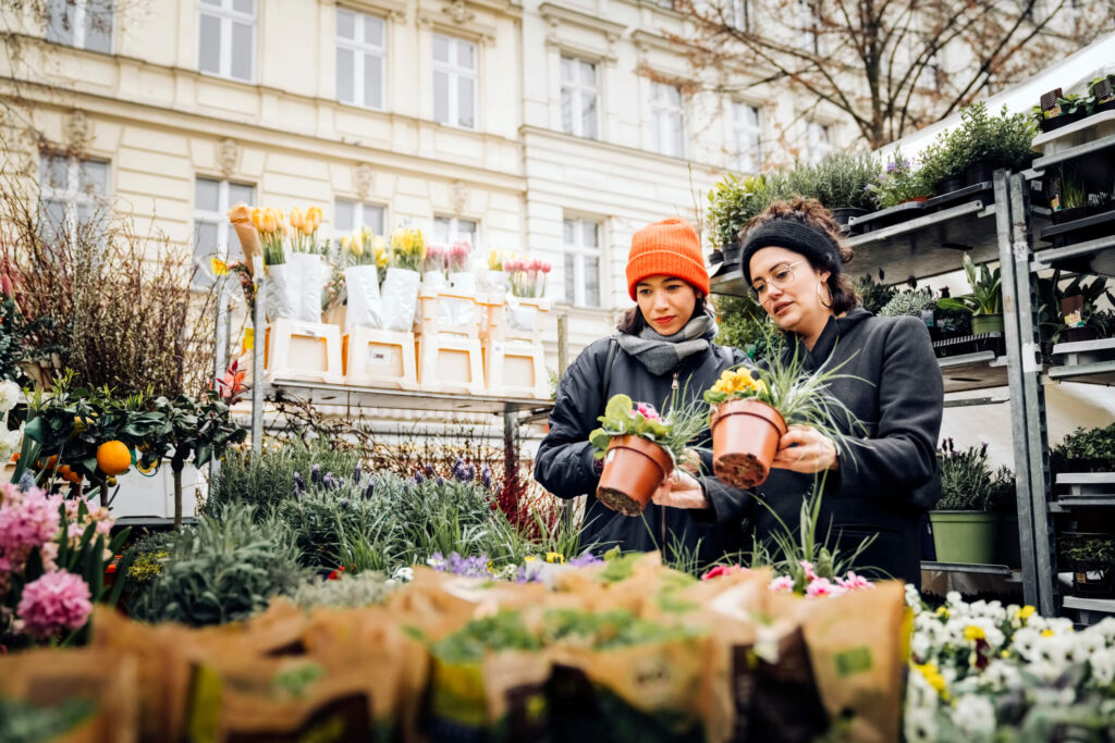 Zwei Frauen die auf einem Frühlingsmarkt in Bamberg Pflanzen anschauen. Sie stehen zwischen vielen anderen Pflanzen. 