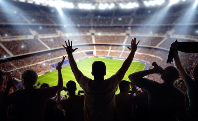 Fußballstadion zur Weltmeisterschaft. Jubelnde Fans und Flutlicht. WM in Bamberg